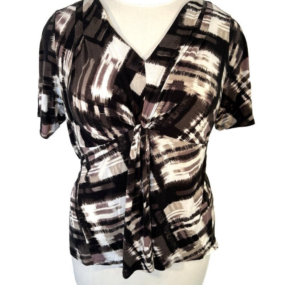 Apt.9 Women's 2X Blouse Short Sleeve VNeck Knot Cascade Waist Geometric Abstract